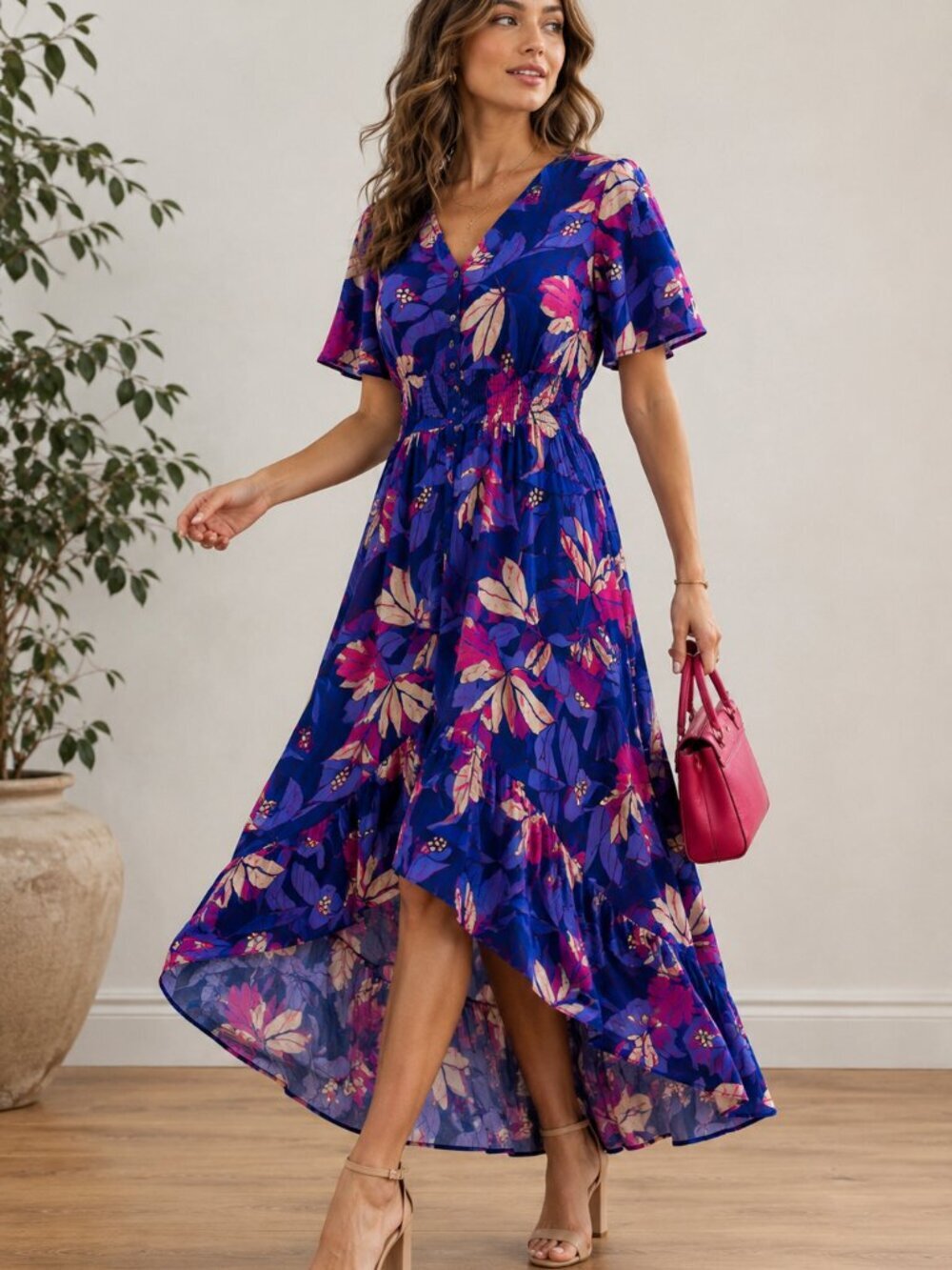 Anthropologie Abel The Label Floral High Low Midi Dress Smocked Waist Blue Pink